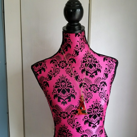 Handmade necklace fused Glass yellow red gold tone triangle funky artsy - Picture 4 of 7